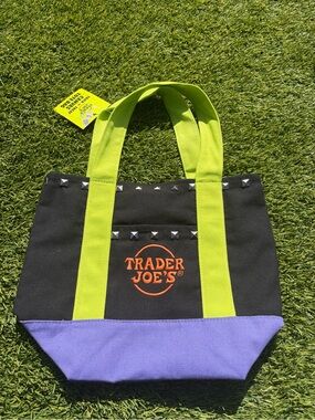Trader Joe's Black Canvas Tote with Lime Handles and Lavender Base